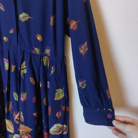 Vtg California Design Fall Autumn Leaf Print Long Sleeve Navy Blue Midi Dress 14 - Picture 5 of 13